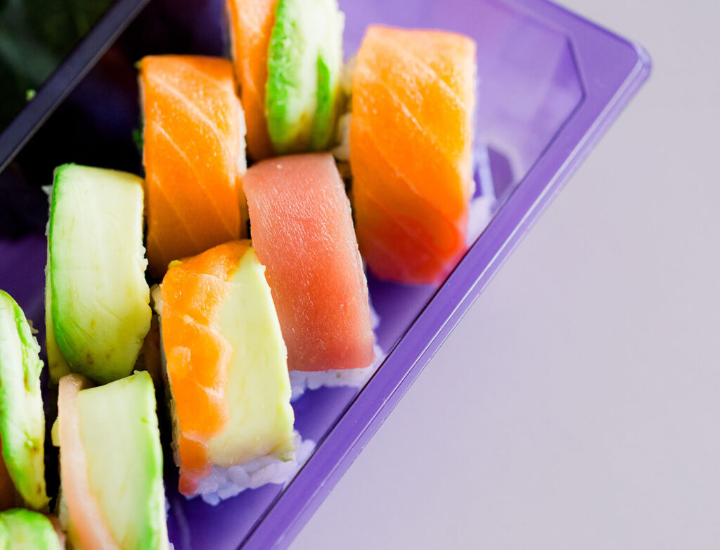 Closeup of sushi in a container